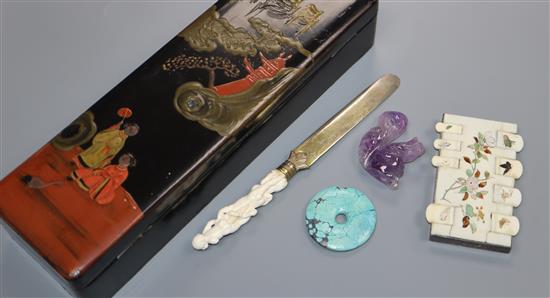 An ivory-handled paperknife and Shibayama-style bezique mark etc in a Japanese lacquer box